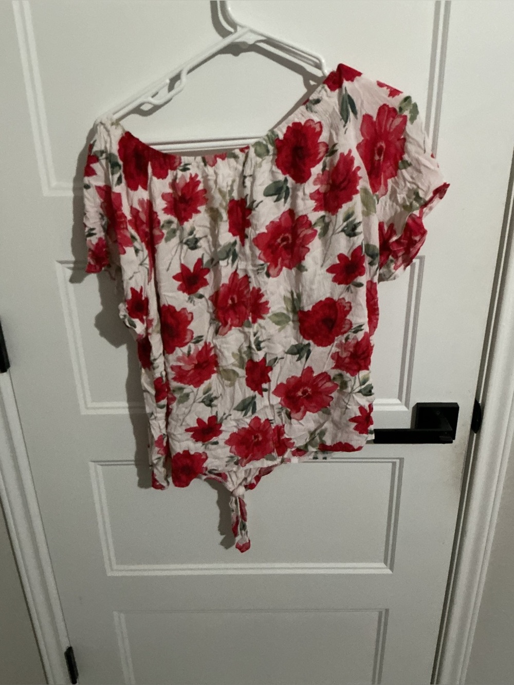 Floral Tie-Hem Women's Top - Red Floral on White